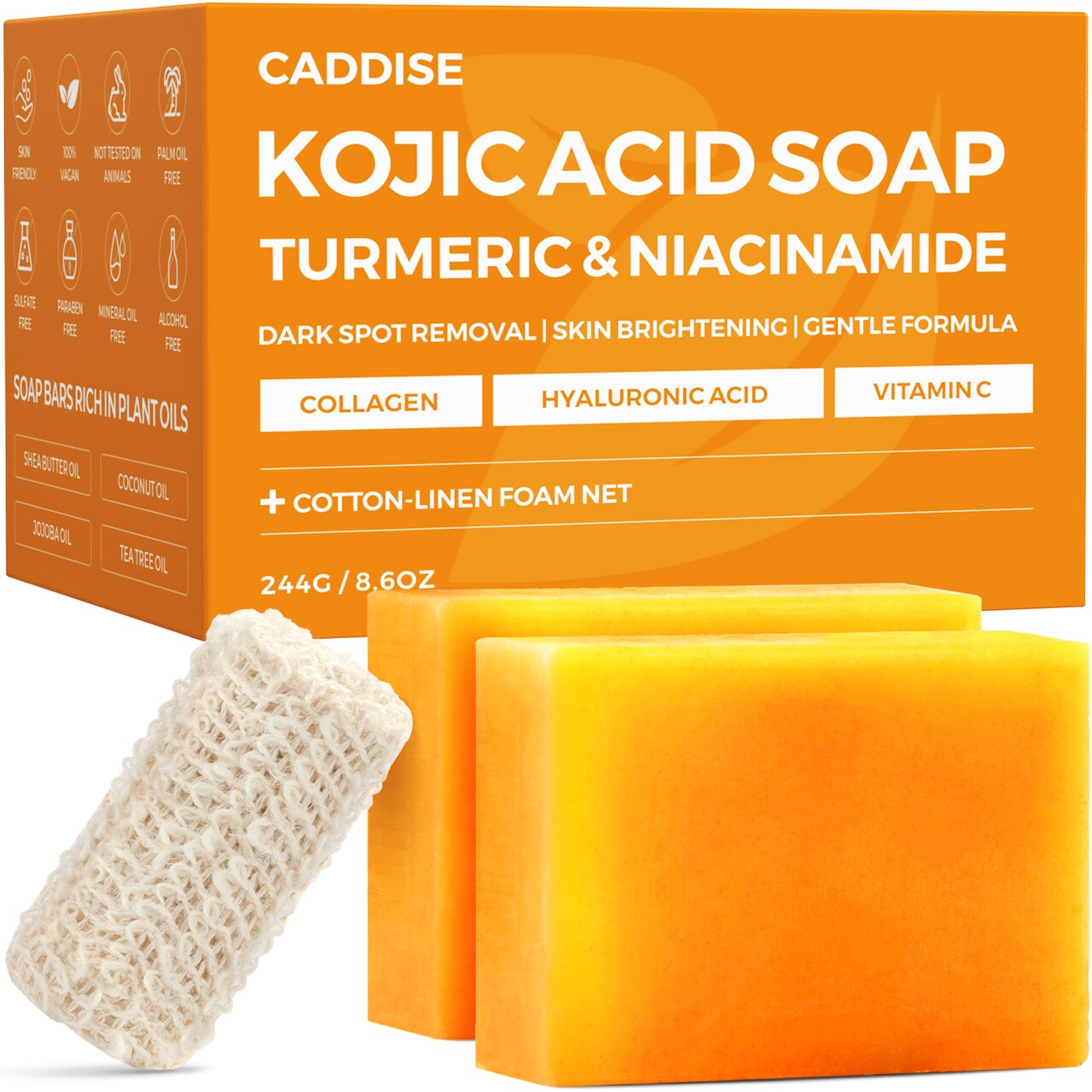 CADDISE Kojic Acid Turmeric Soap Bars – Dark Spot Remover & Skin Care, Handmade Face & Body Wash Bars with Niacinamide, Shea Butter, Tea Oil, Vitamin C (2 Pack, 8.5 Oz)